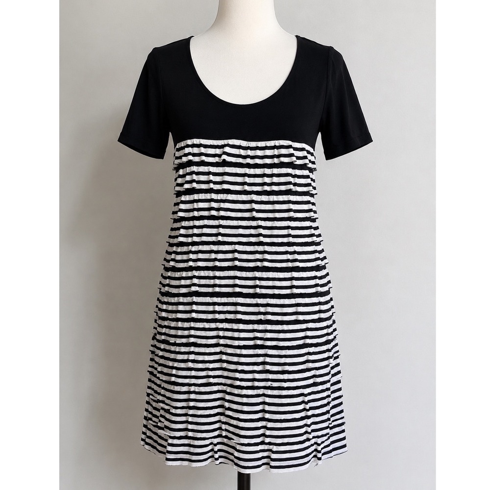 Tiana B Womens Black White Striped Tiered Ruffle Short Sleeve Scoop Neck Dress S